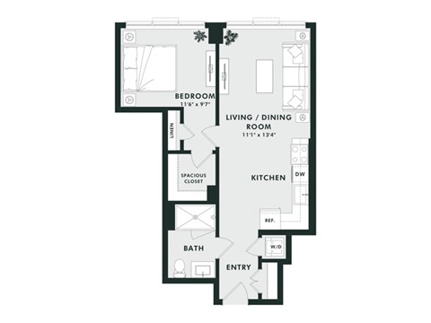 Floor plan for 1 bed, 1 bath, 641 sqft